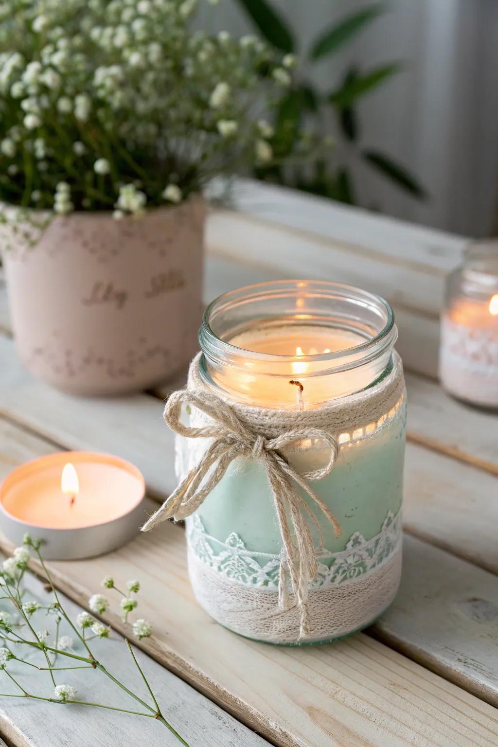 Transform ordinary glass jars into stunning candle holders for a touch of warmth and elegance in your space.