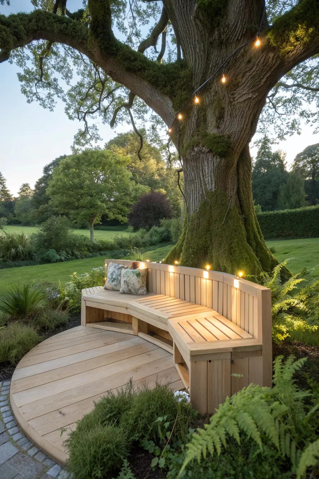 Transform your garden into a magical retreat with a beautifully crafted tree bench illuminated by soft LED lights. #ScandinavianElegance #GardenGlow