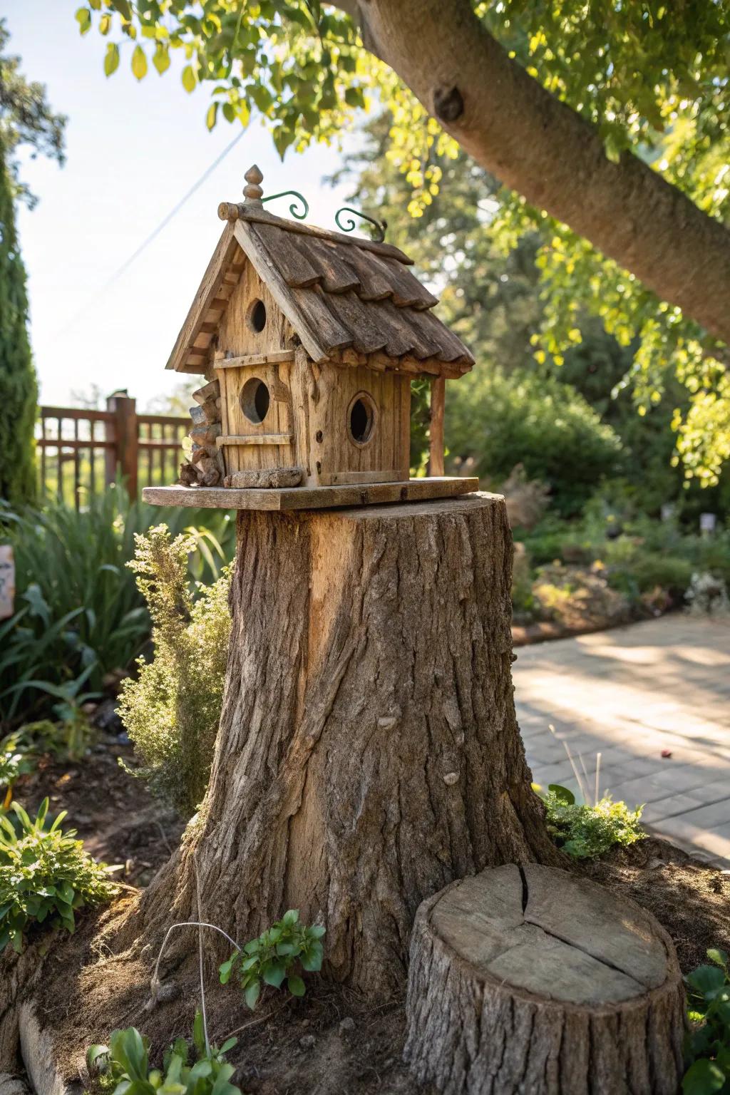 Elevate your garden with this handcrafted birdhouse masterpiece.