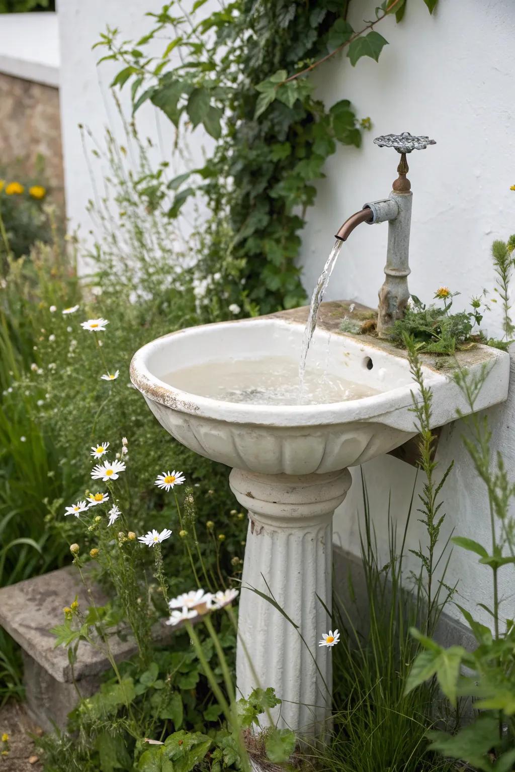 Transform old into gold: A vintage sink reborn as a serene garden fountain.