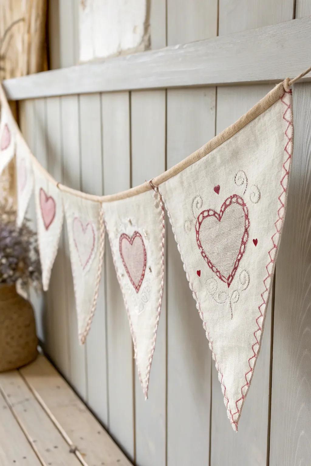 Celebrate love with timeless elegance: A handcrafted heart pennant banner perfect for your cozy minimalist home.