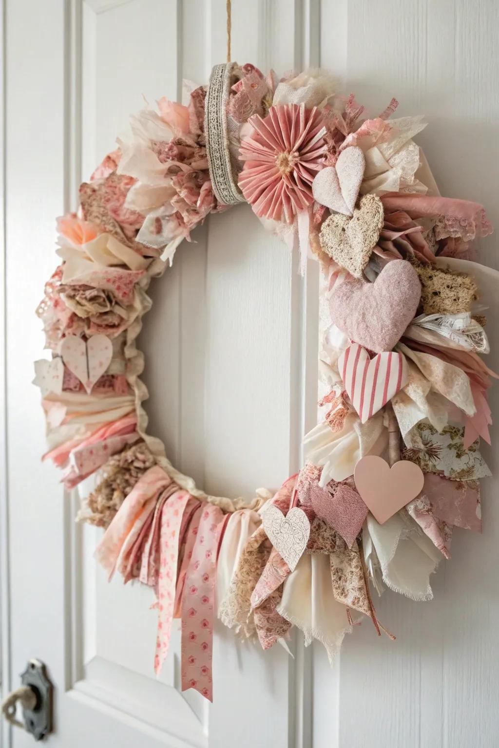Embrace sustainable beauty with this charming scrap fabric wreath, perfect for adding a touch of love to any space.