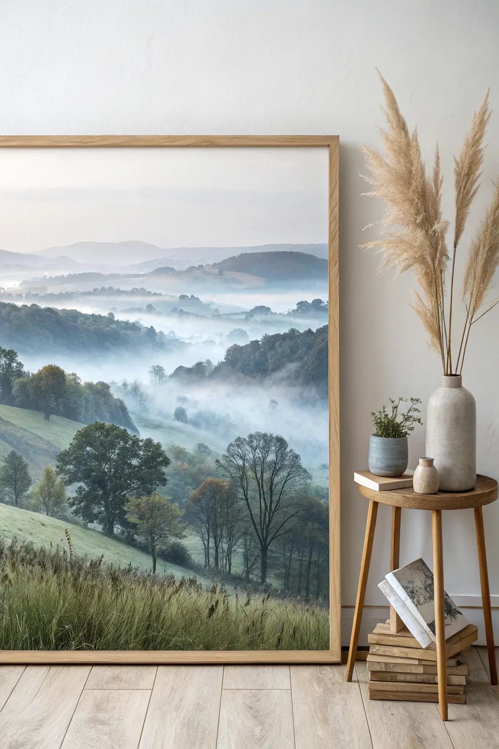 Embrace the tranquility of misty landscapes with this serene watercolor masterpiece.