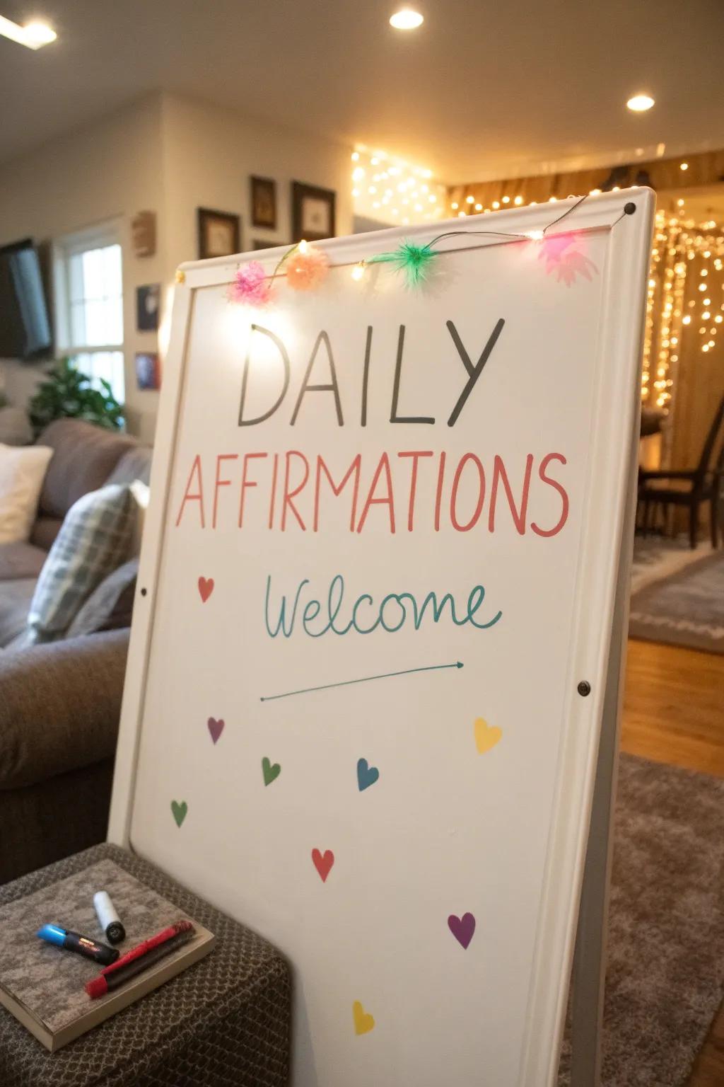 Daily affirmations adding positivity to a whiteboard welcome.