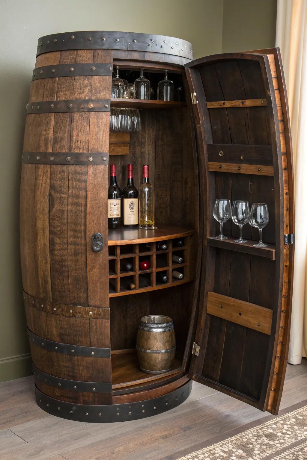 Transform tradition into sophistication with this handcrafted wine barrel bar cabinet, the perfect centerpiece for any gathering.