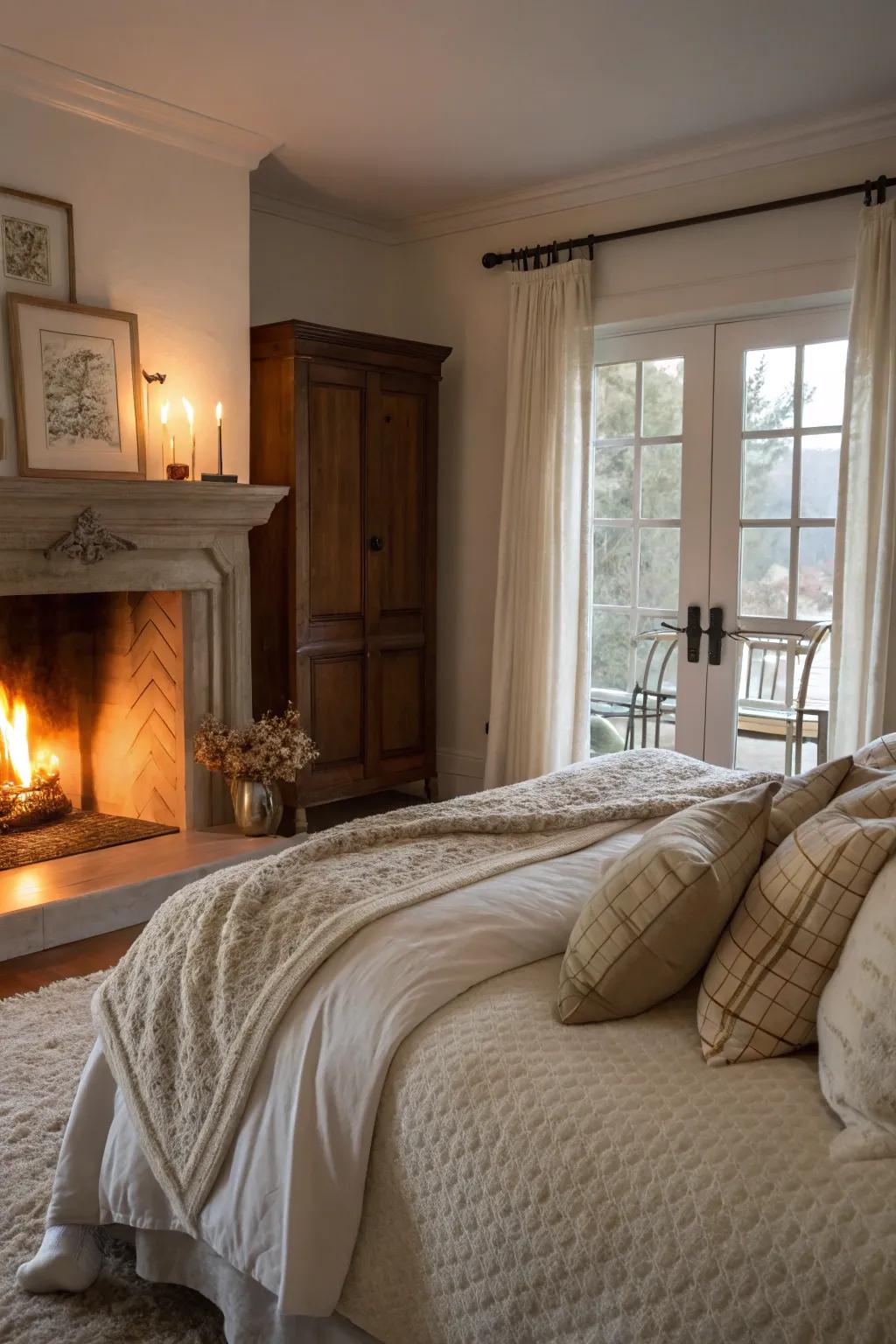 A fireplace adds warmth and a cozy glow to your bedroom.