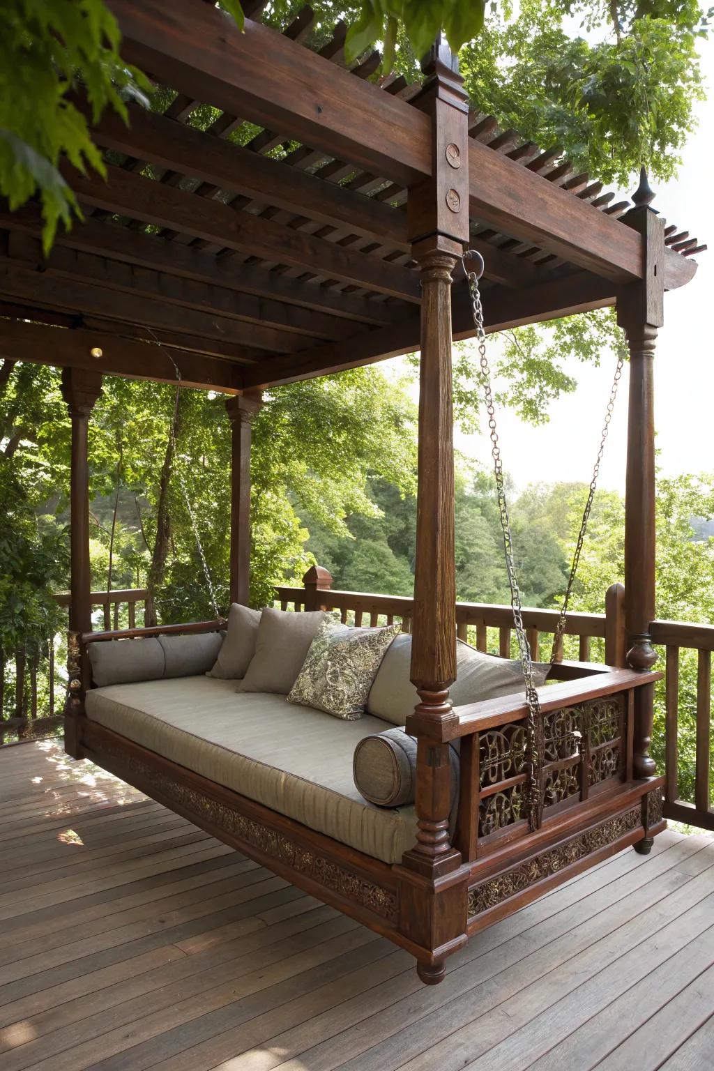 Unwind in style with this beautifully crafted swing bed, your ultimate relaxation haven.