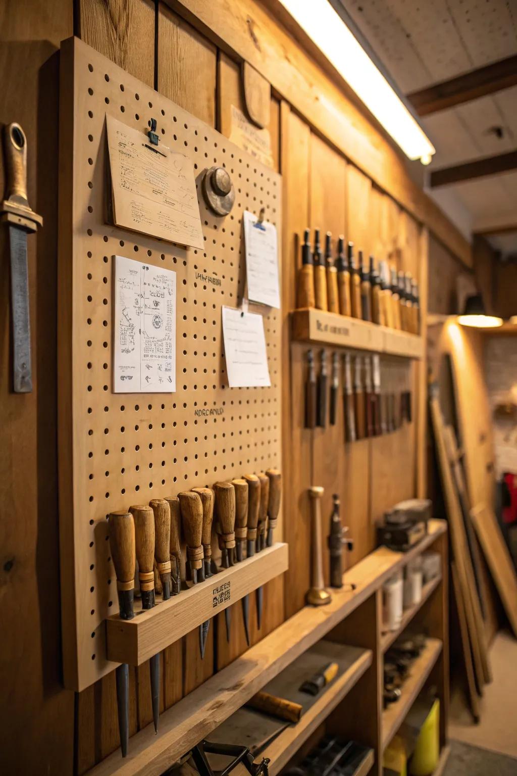 Transform your workshop with an inspiring pegboard wall that blends organization with creativity.