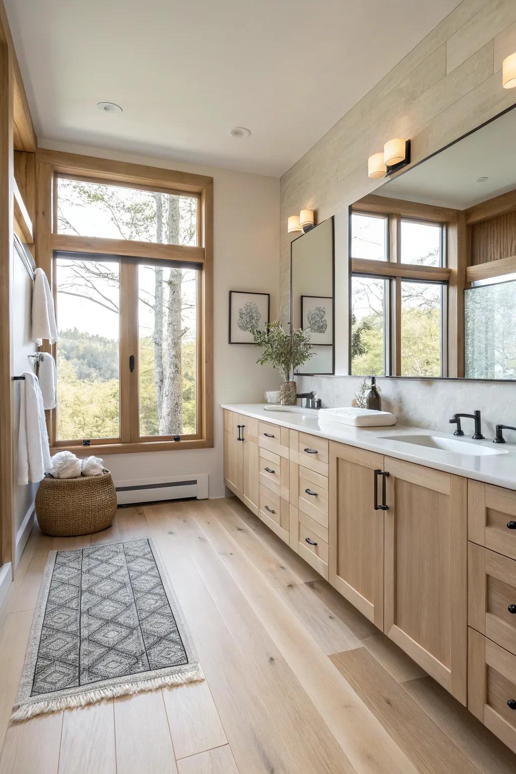 A minimalist zen bathroom with calming light wood.