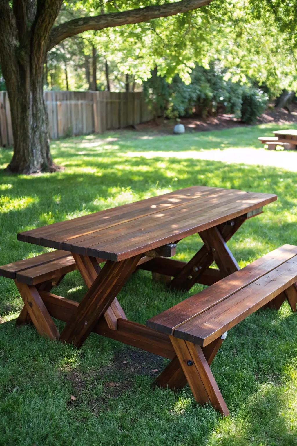 Crafted with care, this picnic-style bench is the centerpiece of outdoor gatherings.