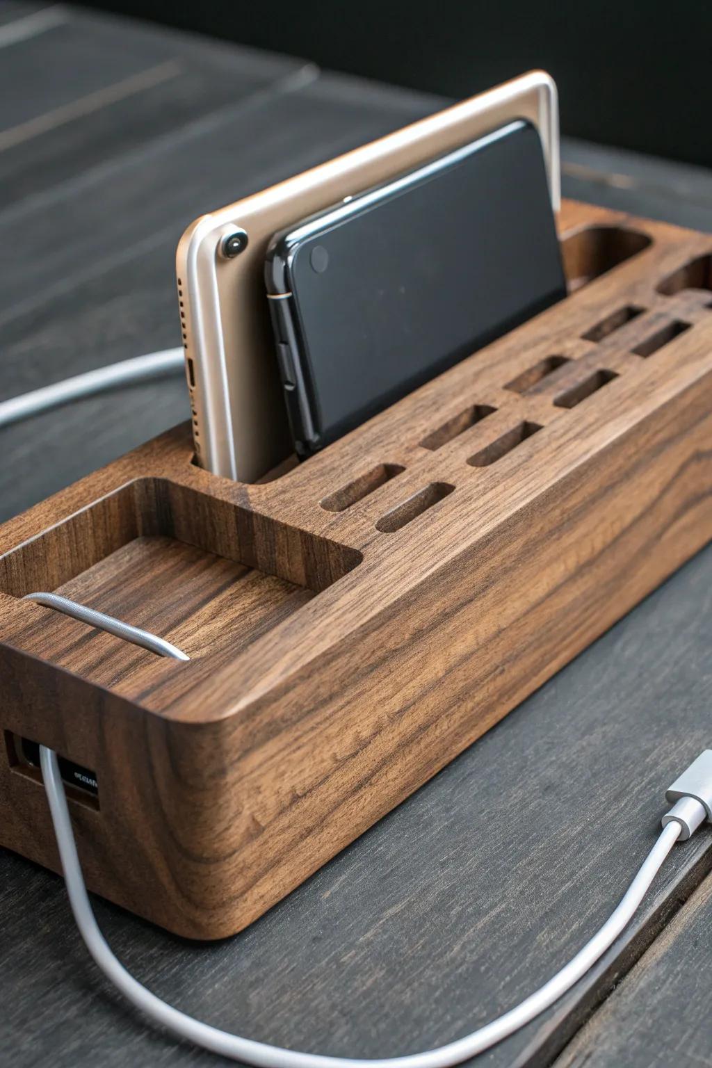 Elevate your tech space with this sleek, handcrafted wooden charging station—where functionality meets craftsmanship.