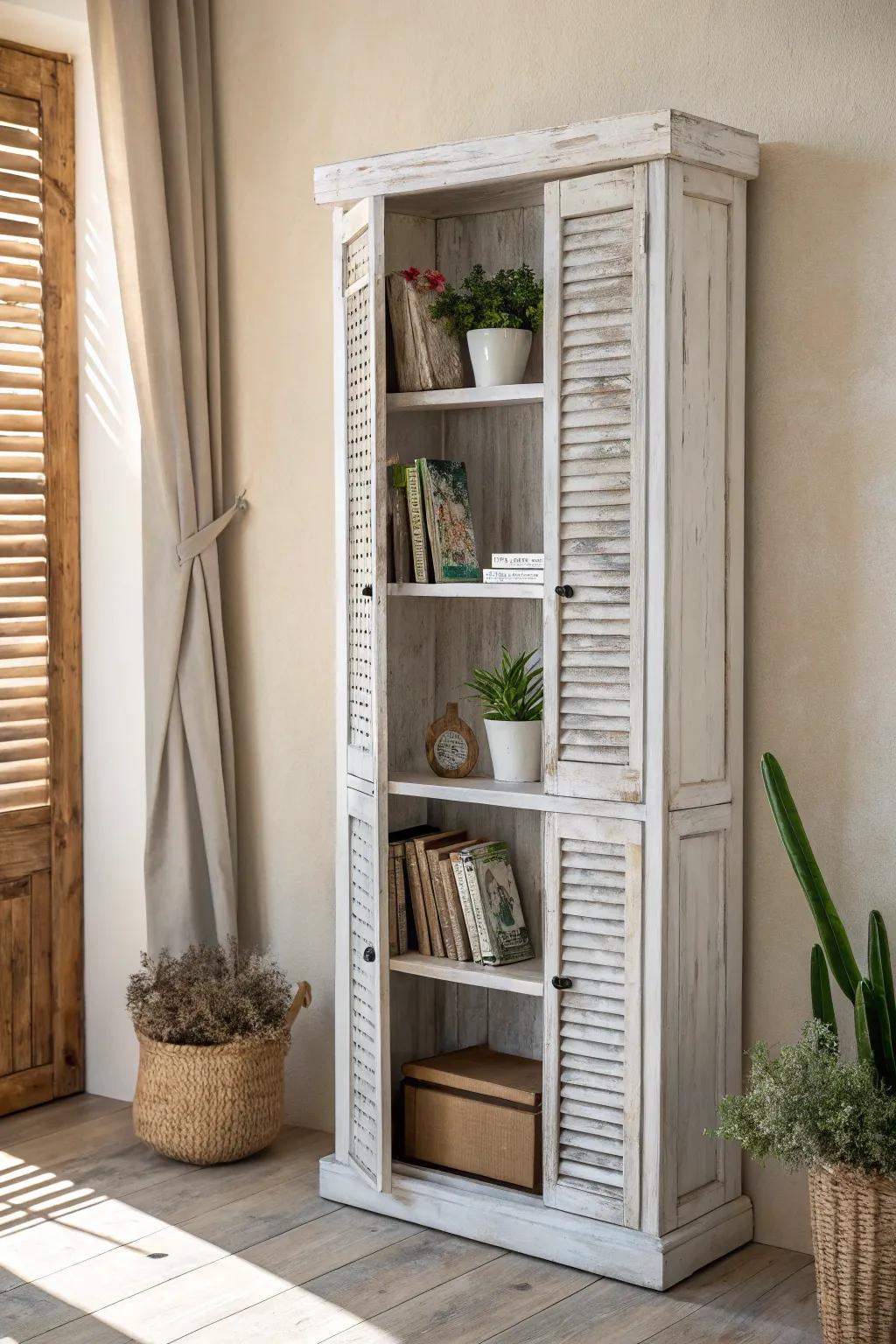 Transform old shutters into a stunning vintage bookshelf for a touch of timeless elegance.