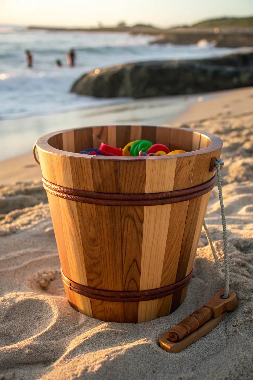 Craftsmanship meets practicality: Elevate your beach day with this artisanal sand toy storage solution.
