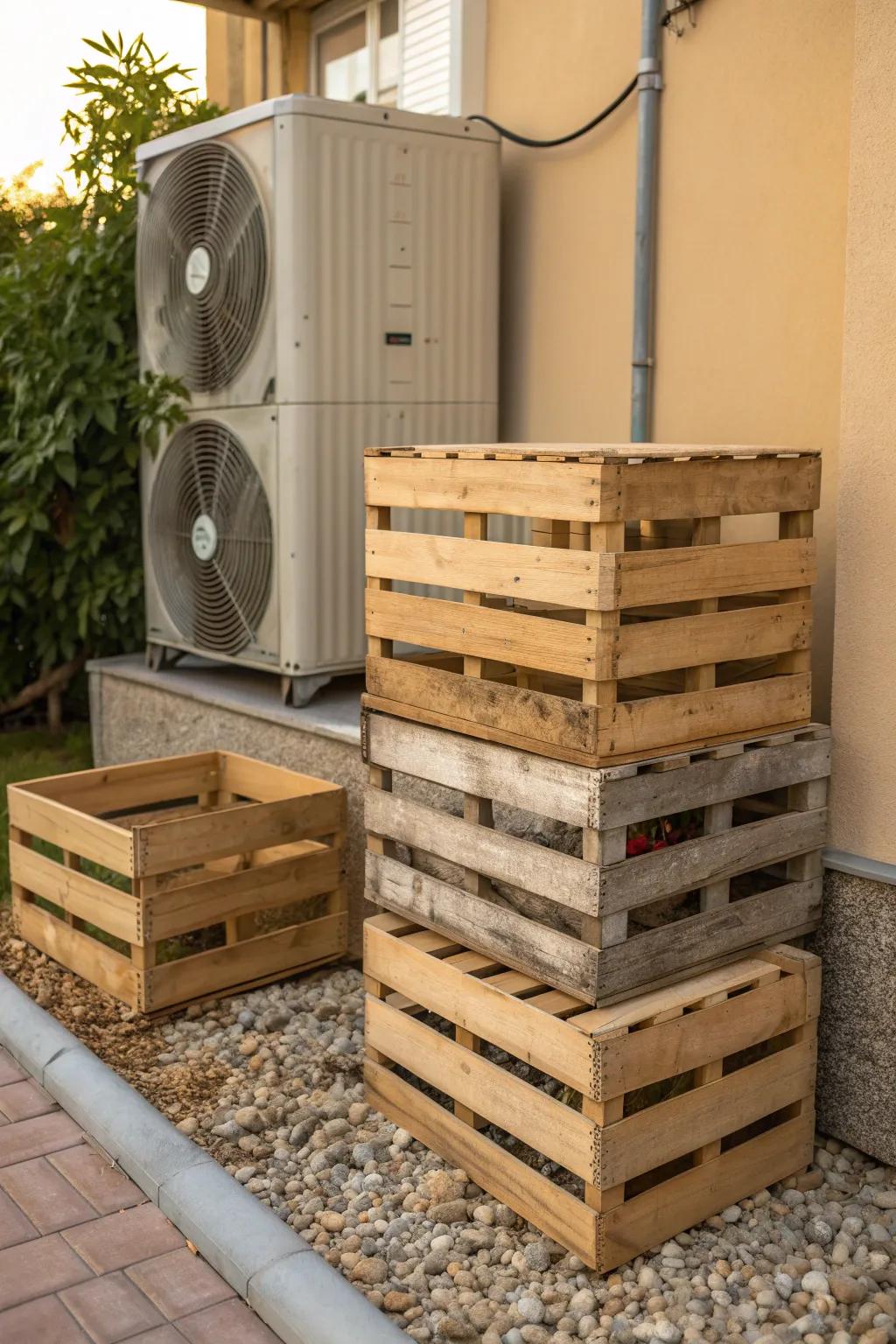 Transform your AC unit into a rustic masterpiece with layered wooden crates.