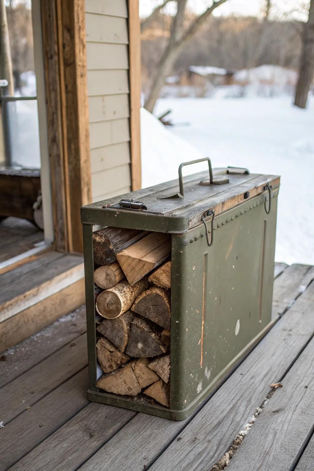 Transform rugged into refined: An ammo can's journey from storage to firewood elegance.