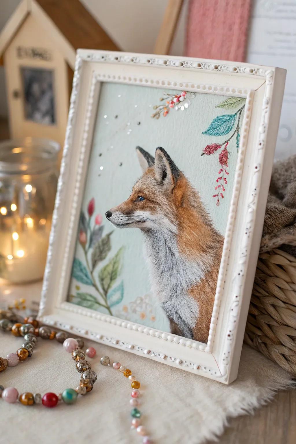 Embrace the artful charm of mixed media with this captivating fox portrait, where craftsmanship meets natural beauty.