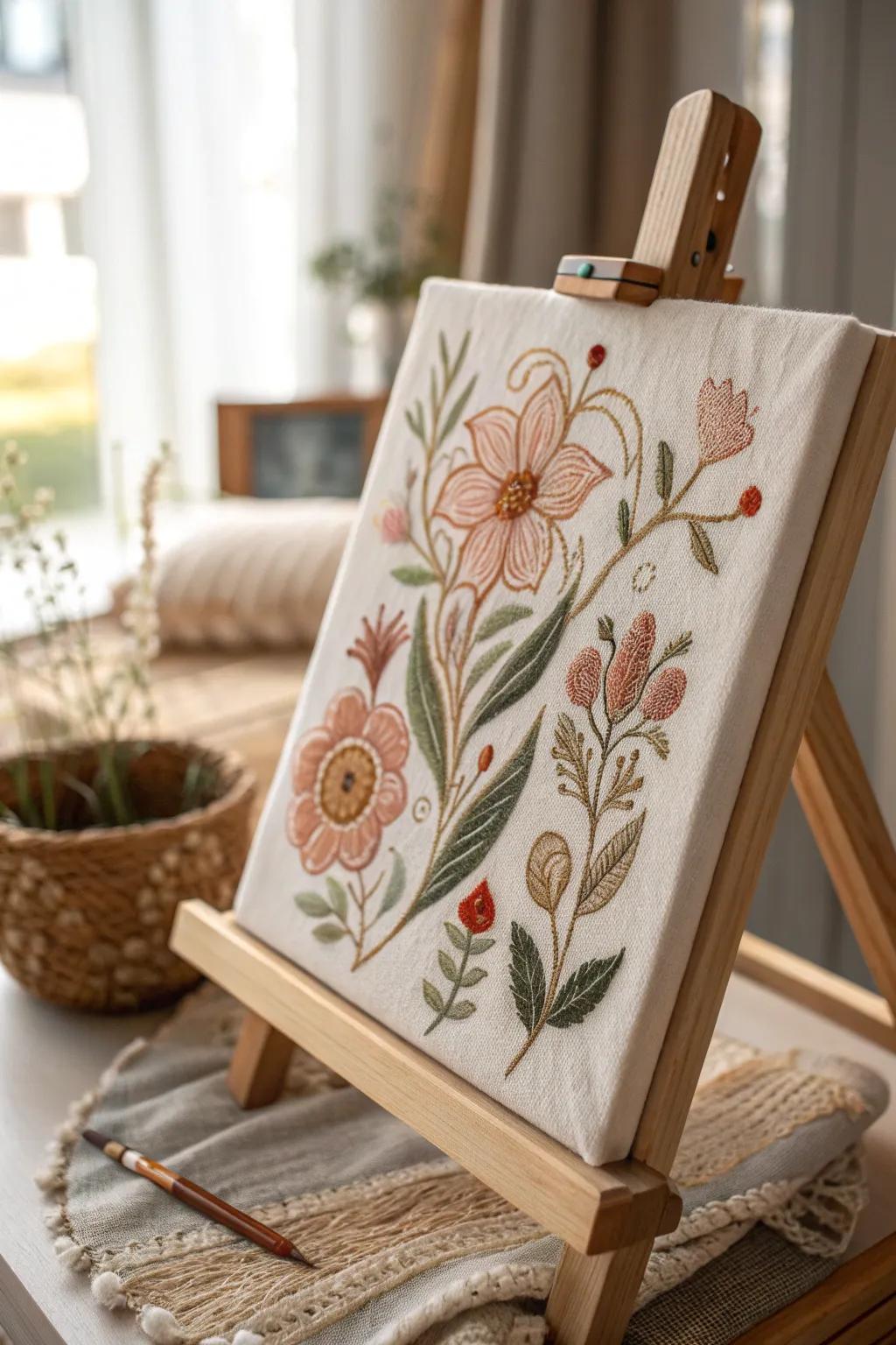 Discover the harmony of embroidery and painting in this unique art canvas.