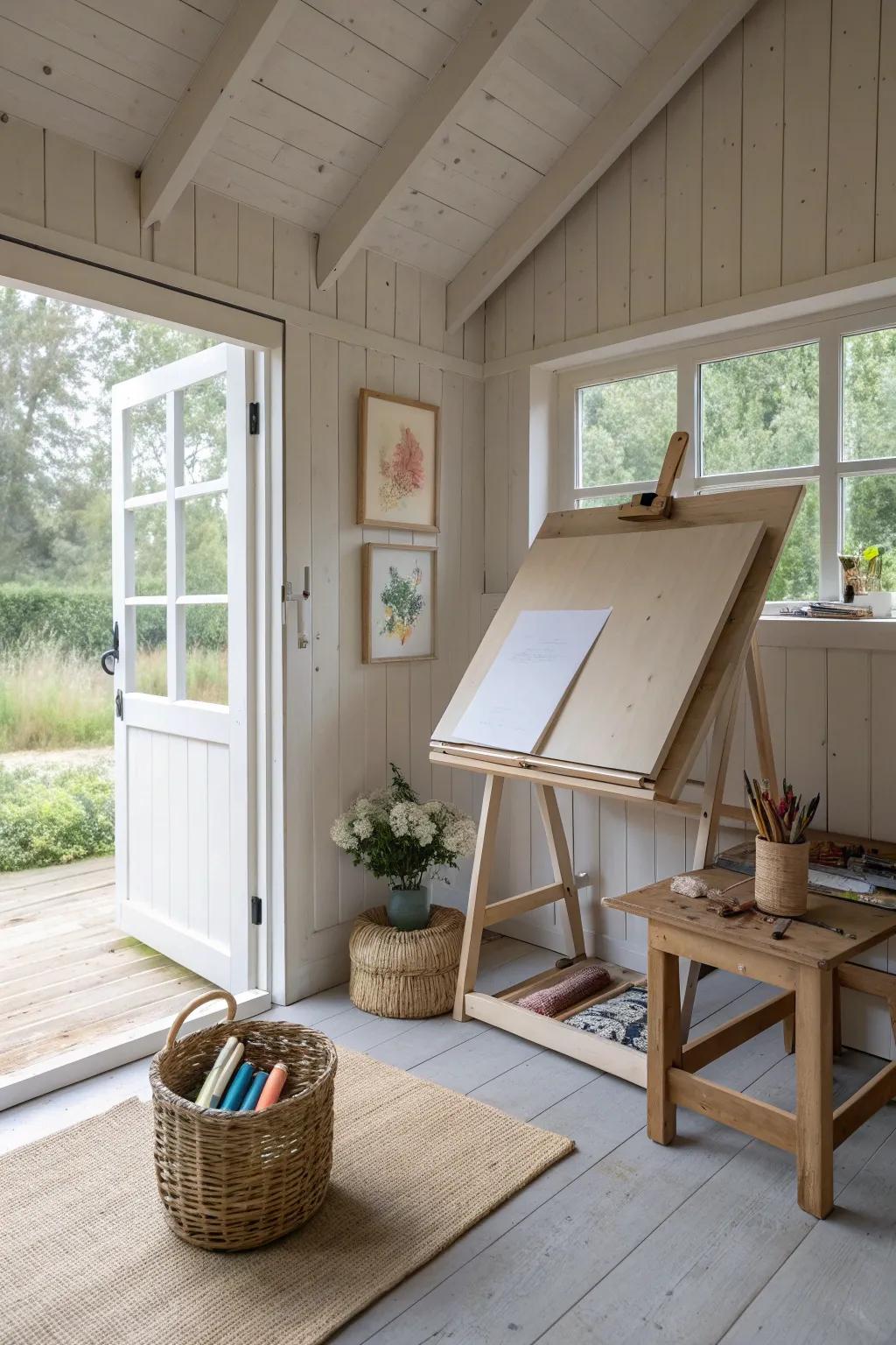 Discover hidden creativity: a minimalist art studio shed with a surprise pop-up easel.