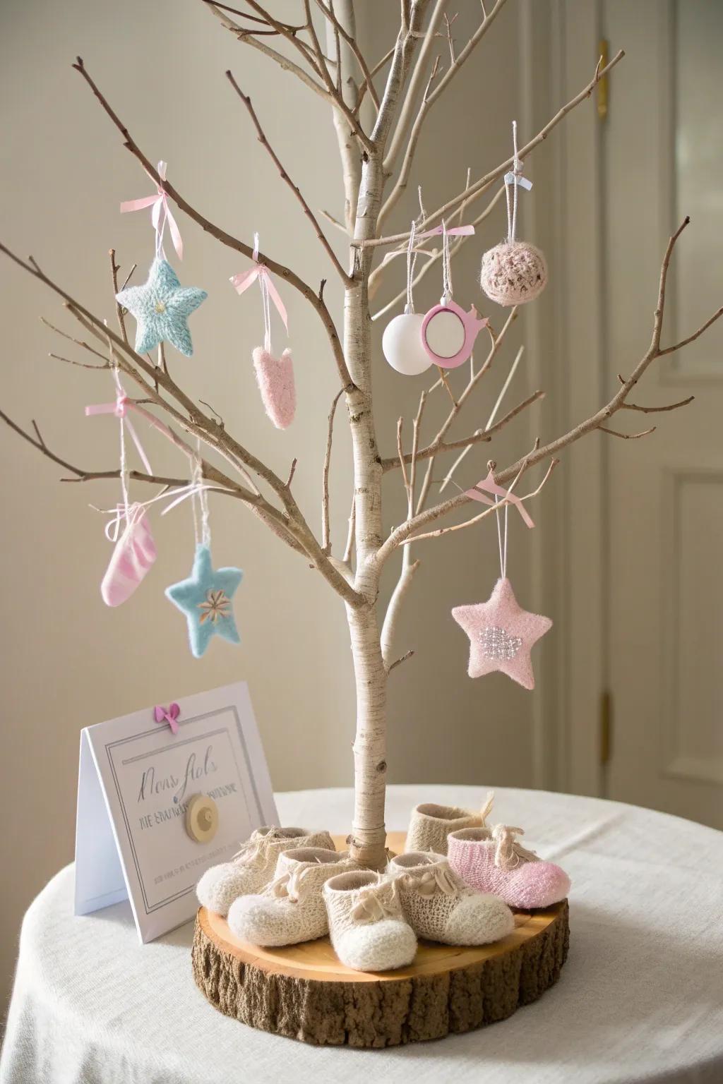 Elevate your baby shower with this exquisite gift card tree, a perfect blend of simplicity and charm.