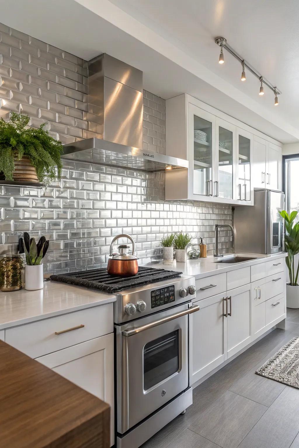 Metallic tiles add a sleek and glamorous edge to your kitchen.