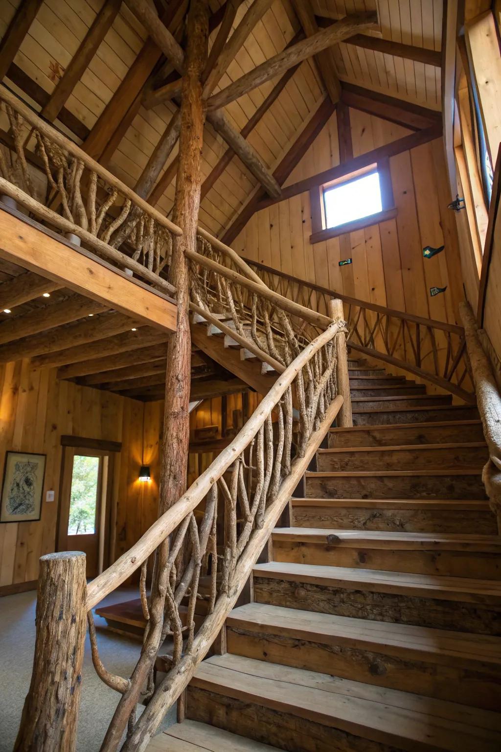 Natural branch railings enhance the rustic charm of barn stairs.