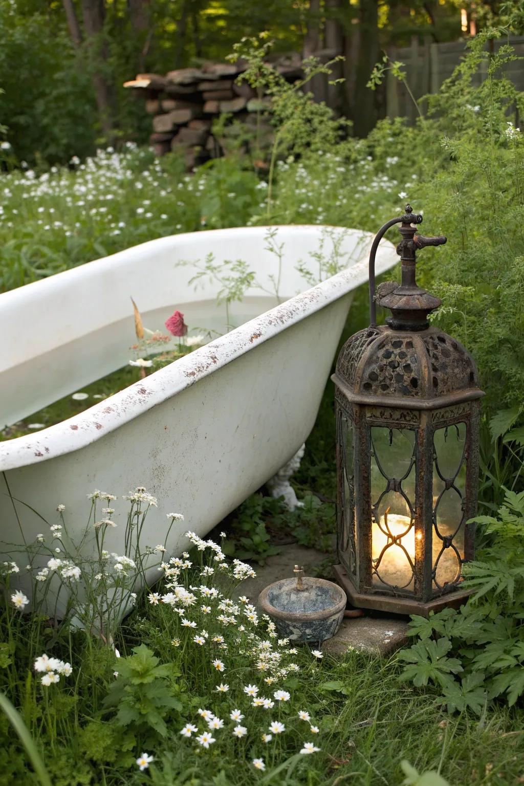Discover vintage charm with a whimsical bathtub pond. 🌿🛁 Add a touch of nostalgia to your garden oasis.