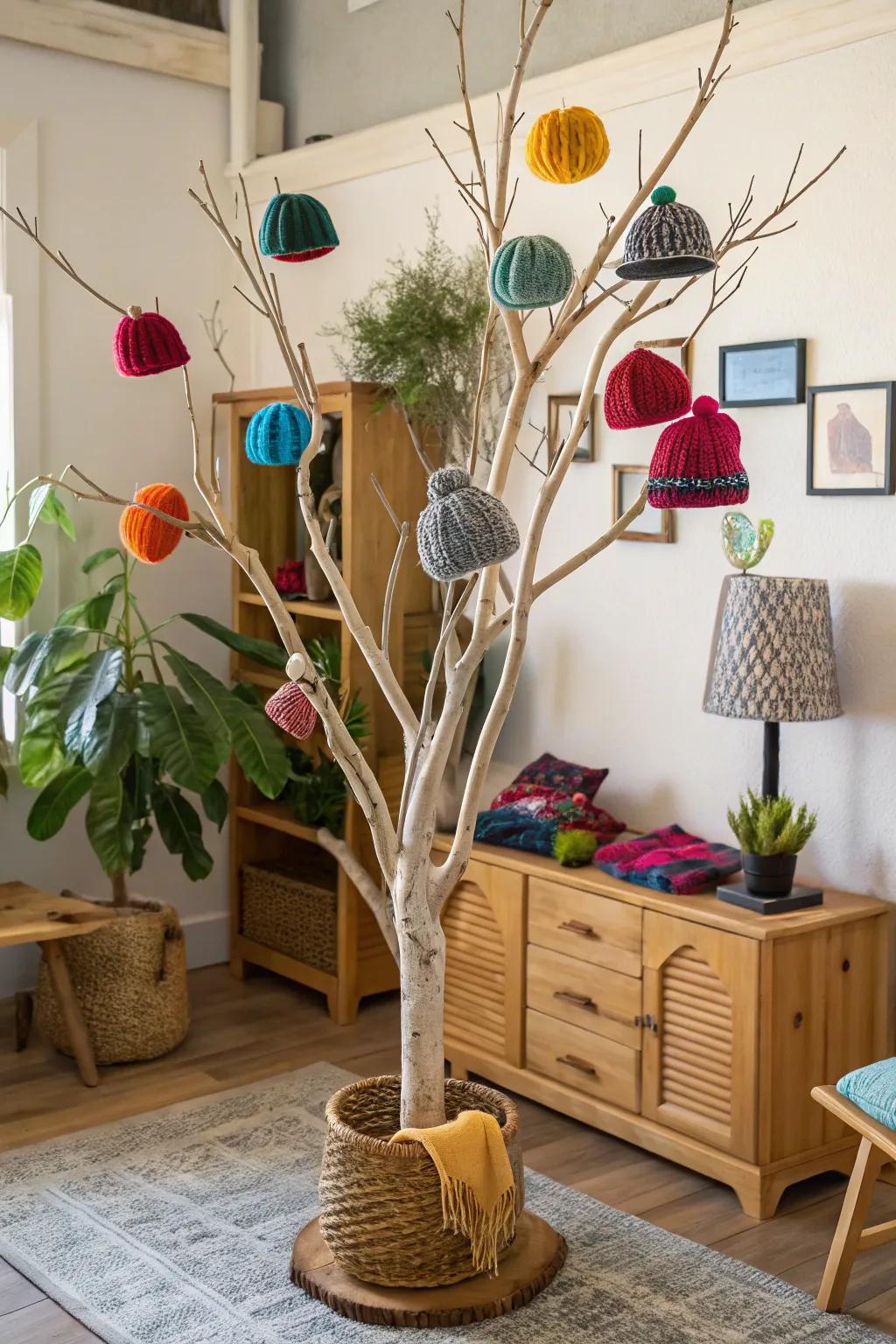 A DIY beanie tree brings a natural element to your display.