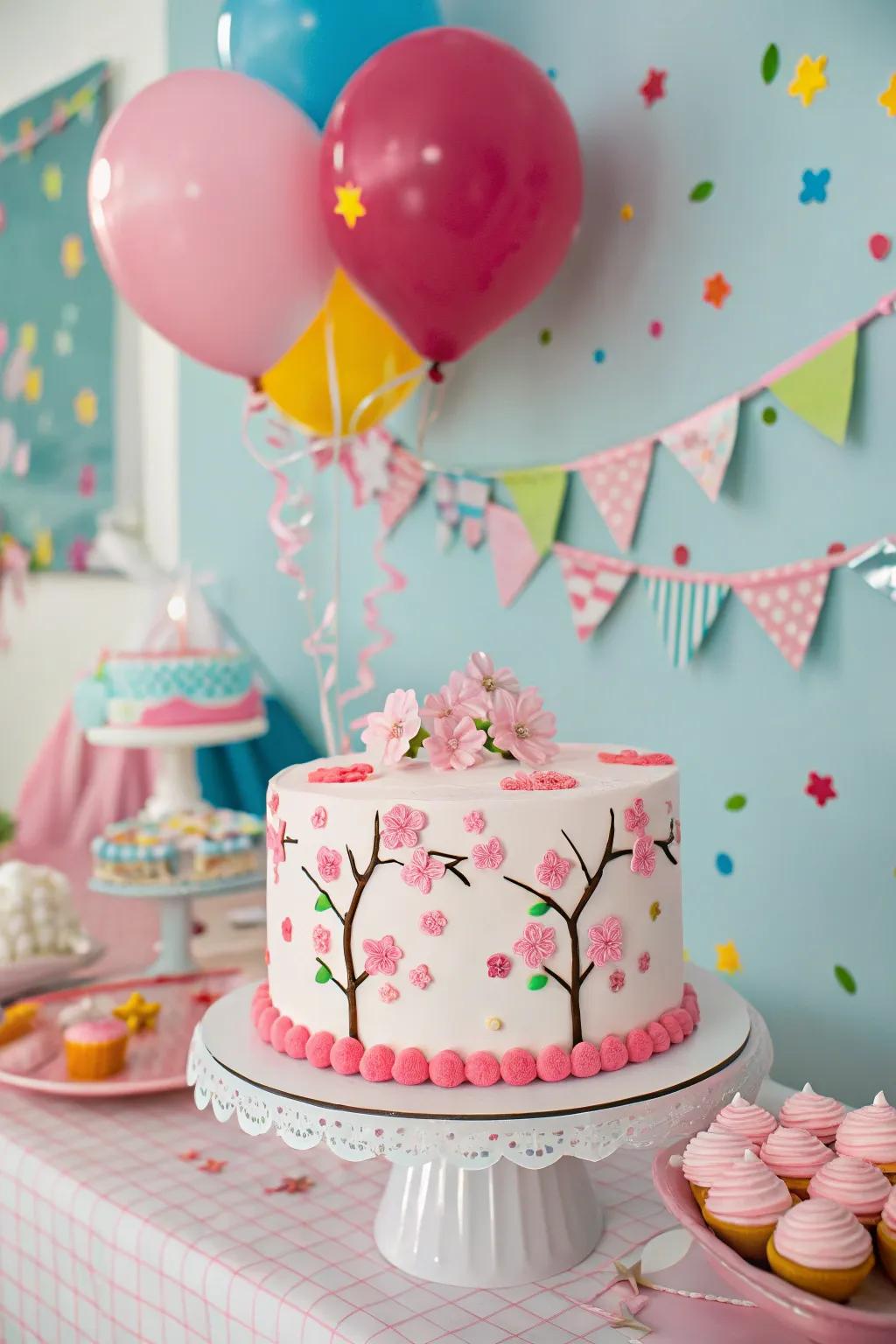 Playful patterns bring a youthful energy to this cherry blossom cake.