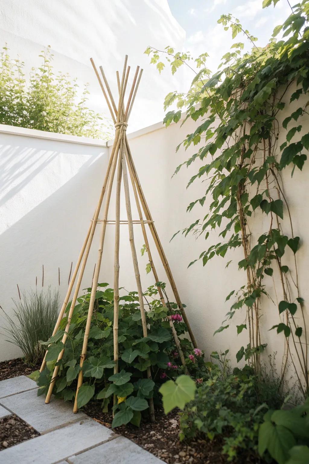 Elevate your garden with a handcrafted bamboo teepee trellis, where simplicity meets natural beauty.