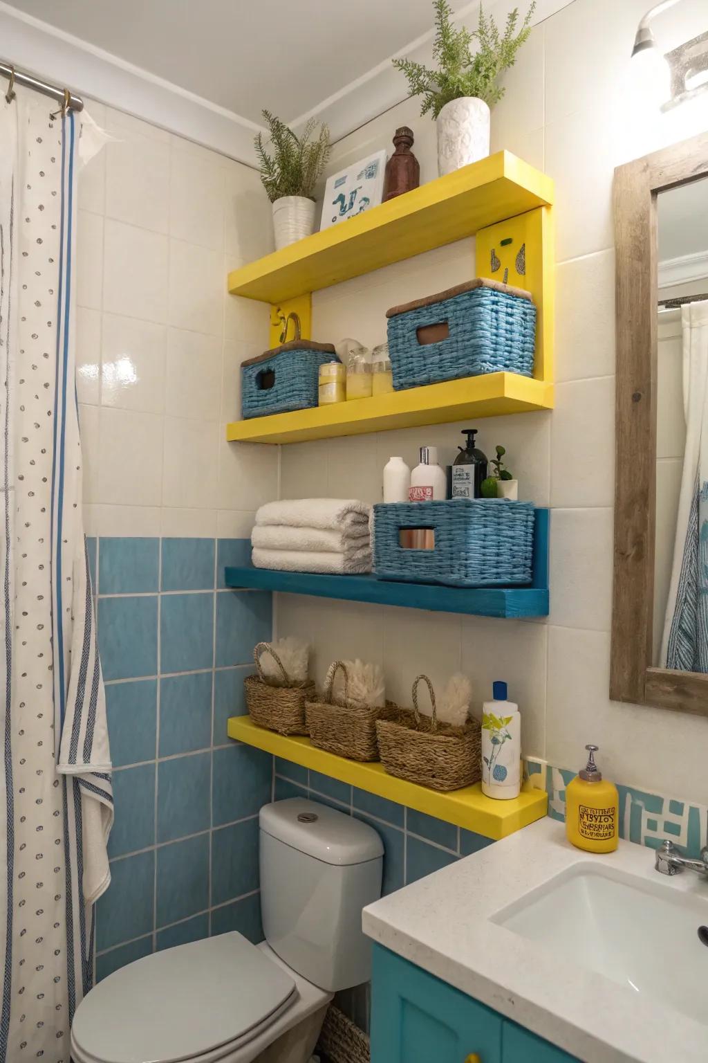 Floating shelves in blue and yellow add style and functionality.