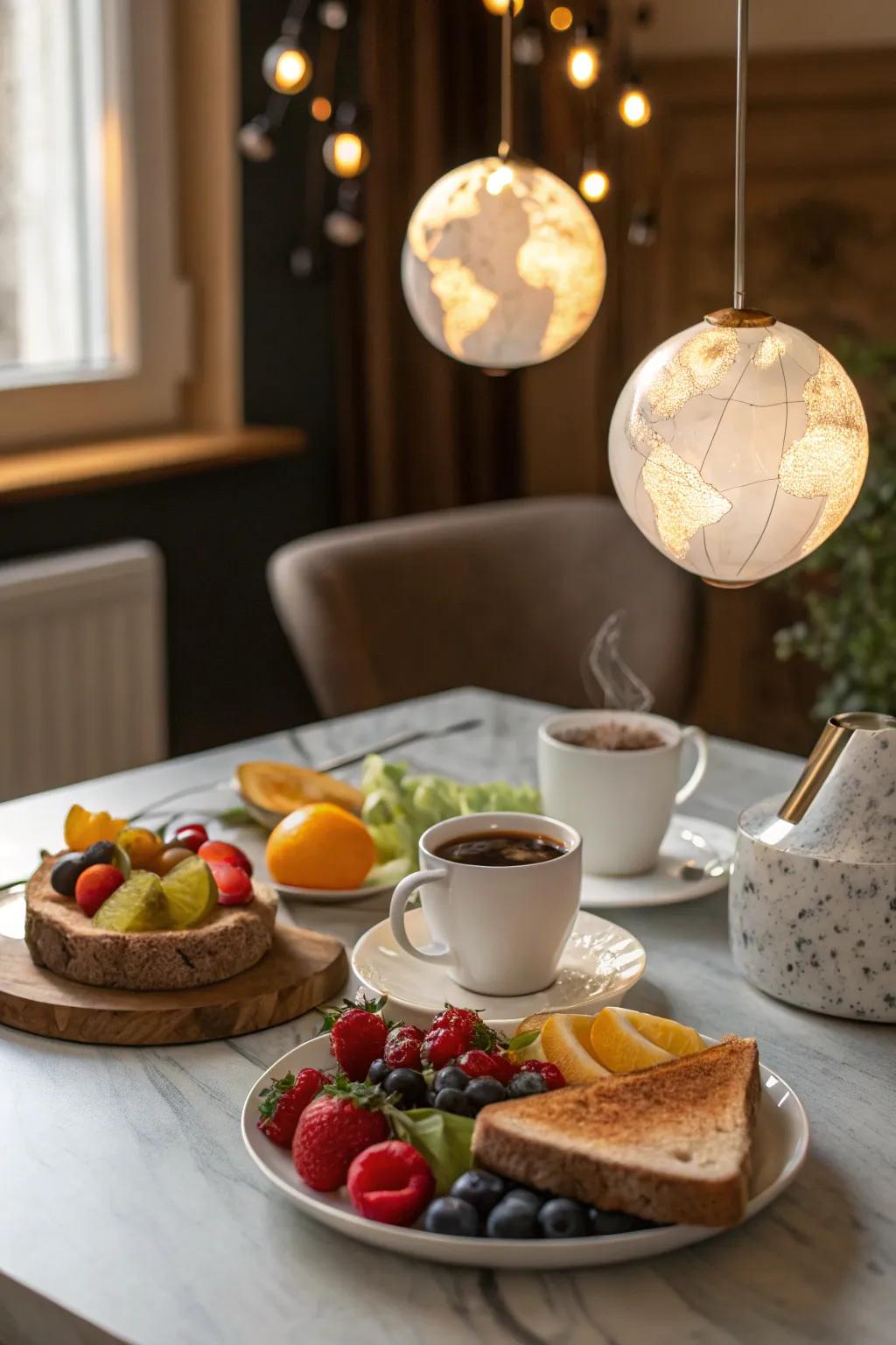 Floating globe lights creating a whimsical ambiance over a breakfast table.