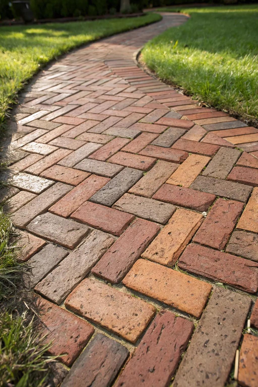 Elevate your outdoor space with the timeless elegance of a herringbone brick path.