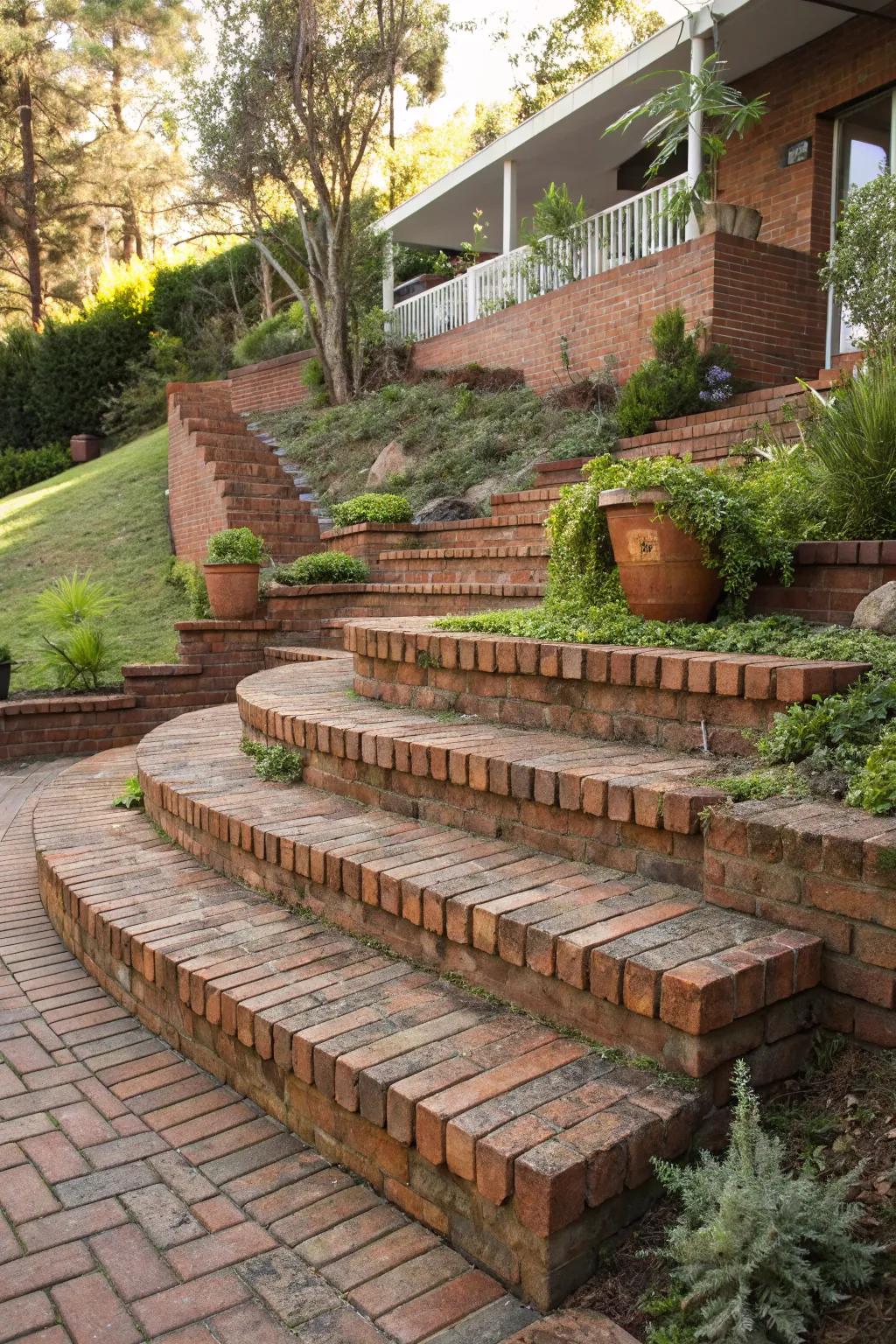 Elevate your landscape with timeless brick terraces, where craftsmanship meets nature.