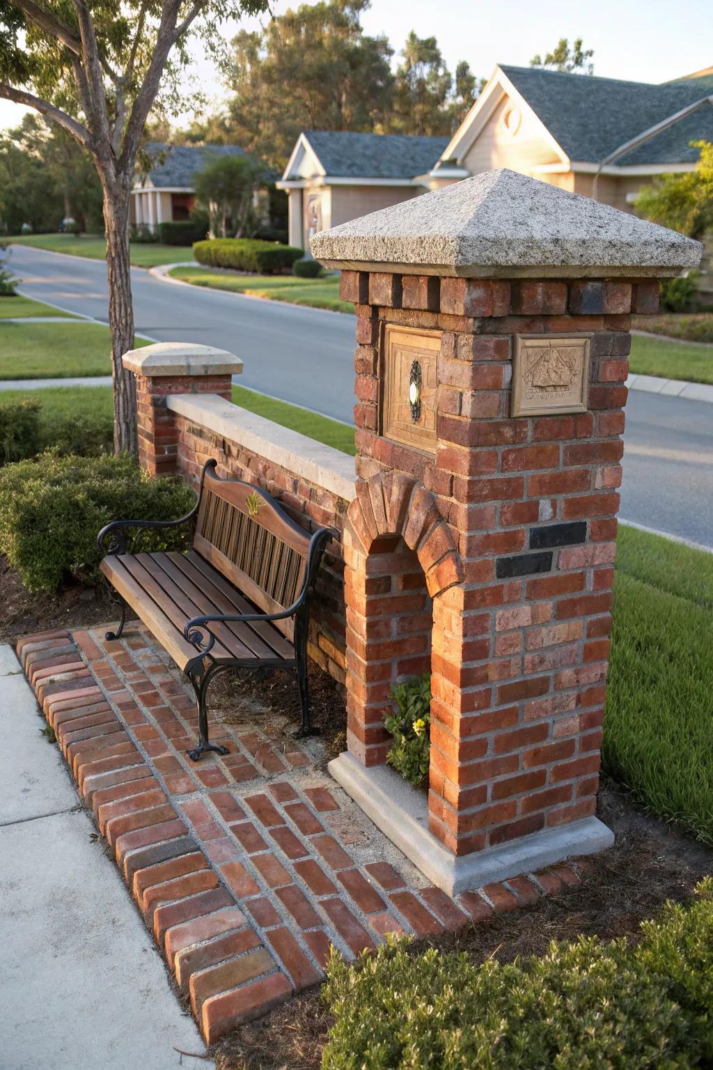 Take a seat by your stylish brick mailbox - where craftsmanship meets comfort.