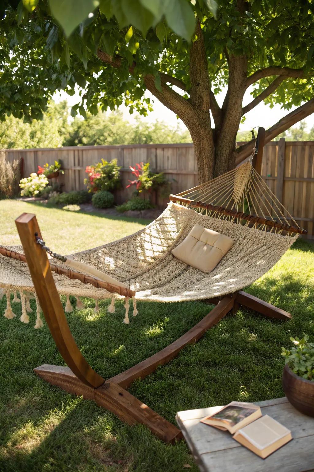 Relax in style with a portable hammock – your budget-friendly backyard retreat.