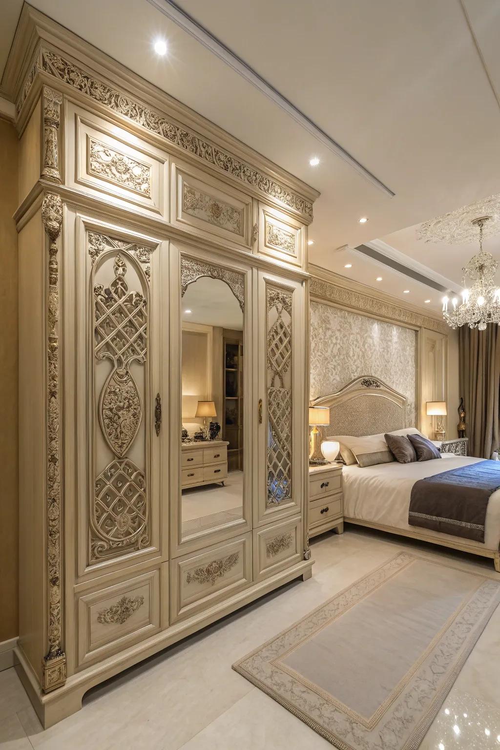 Architectural millwork transforms this wardrobe into a standout feature.