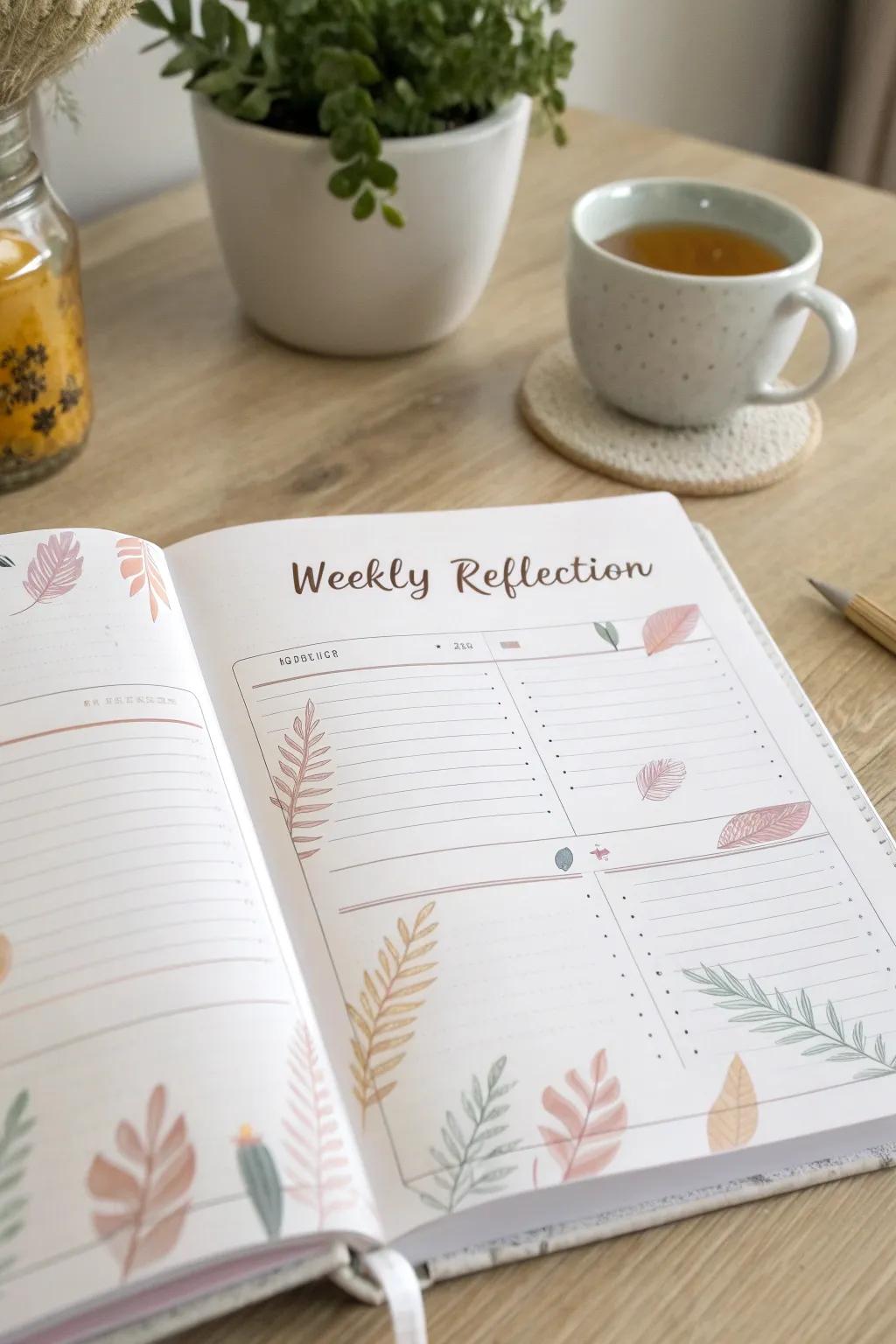 Embrace simplicity and mindfulness with a beautifully crafted weekly reflection in your bullet journal.