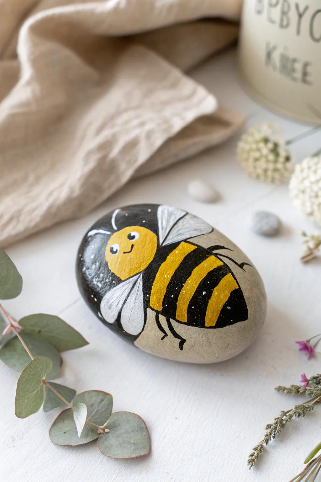 Add a buzz to your space with these charming bumble bee painted rocks, perfect for bringing a touch of nature indoors.