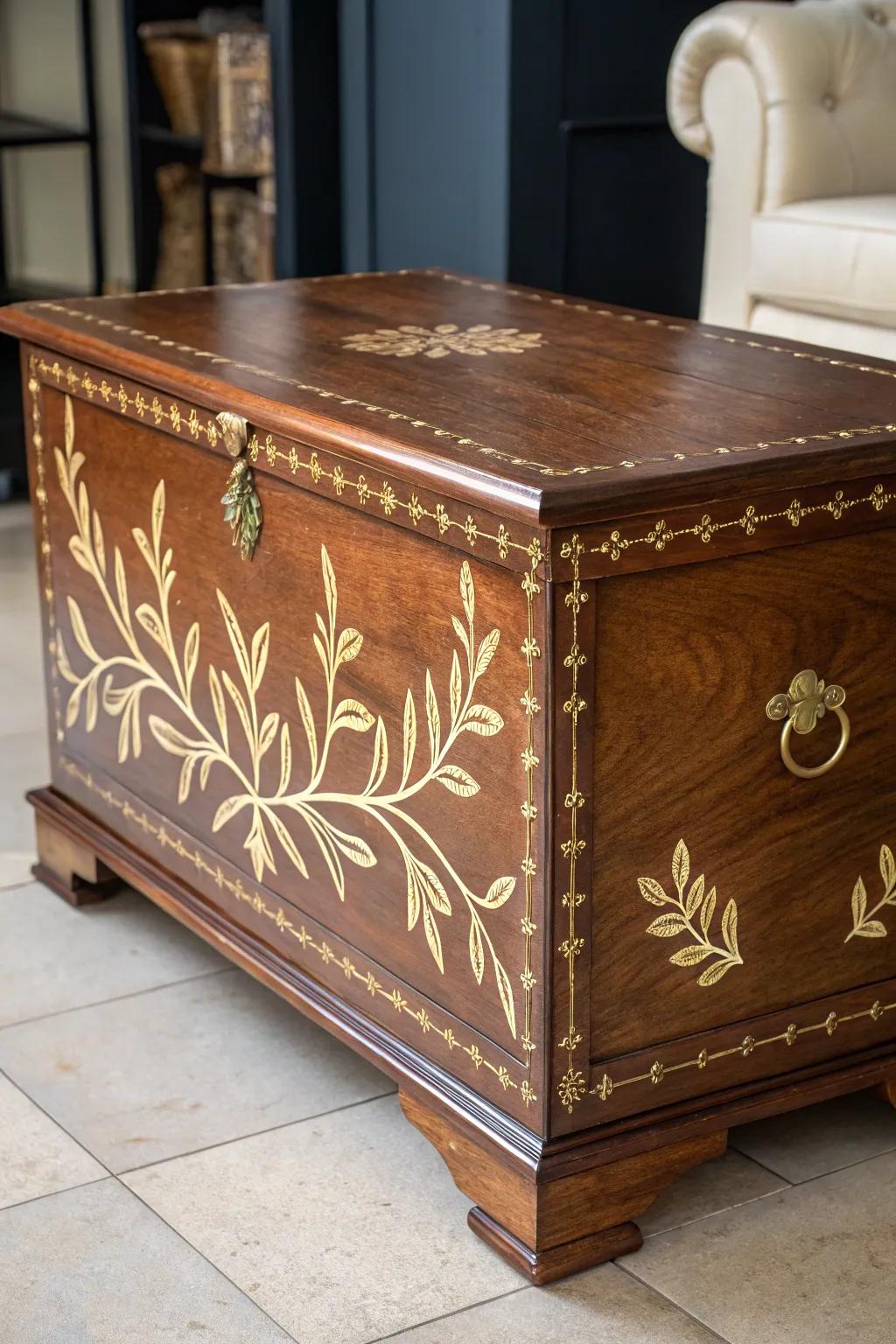 Transform your cedar chest with elegant gold leaf accents for a touch of luxury and craftsmanship.