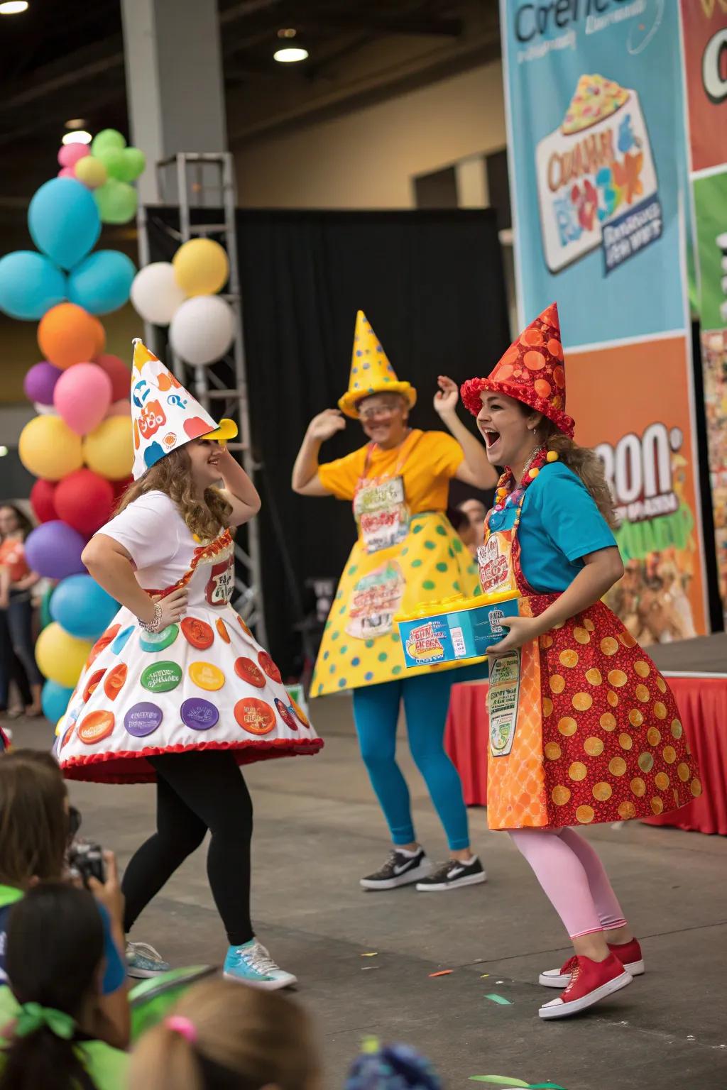 Guests in cereal-themed costumes participating in a costume contest.