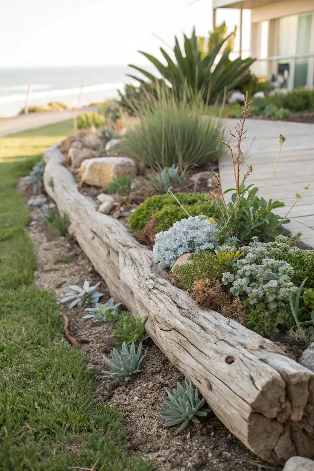 Embrace rustic charm with driftwood garden edging, where nature meets artistry.