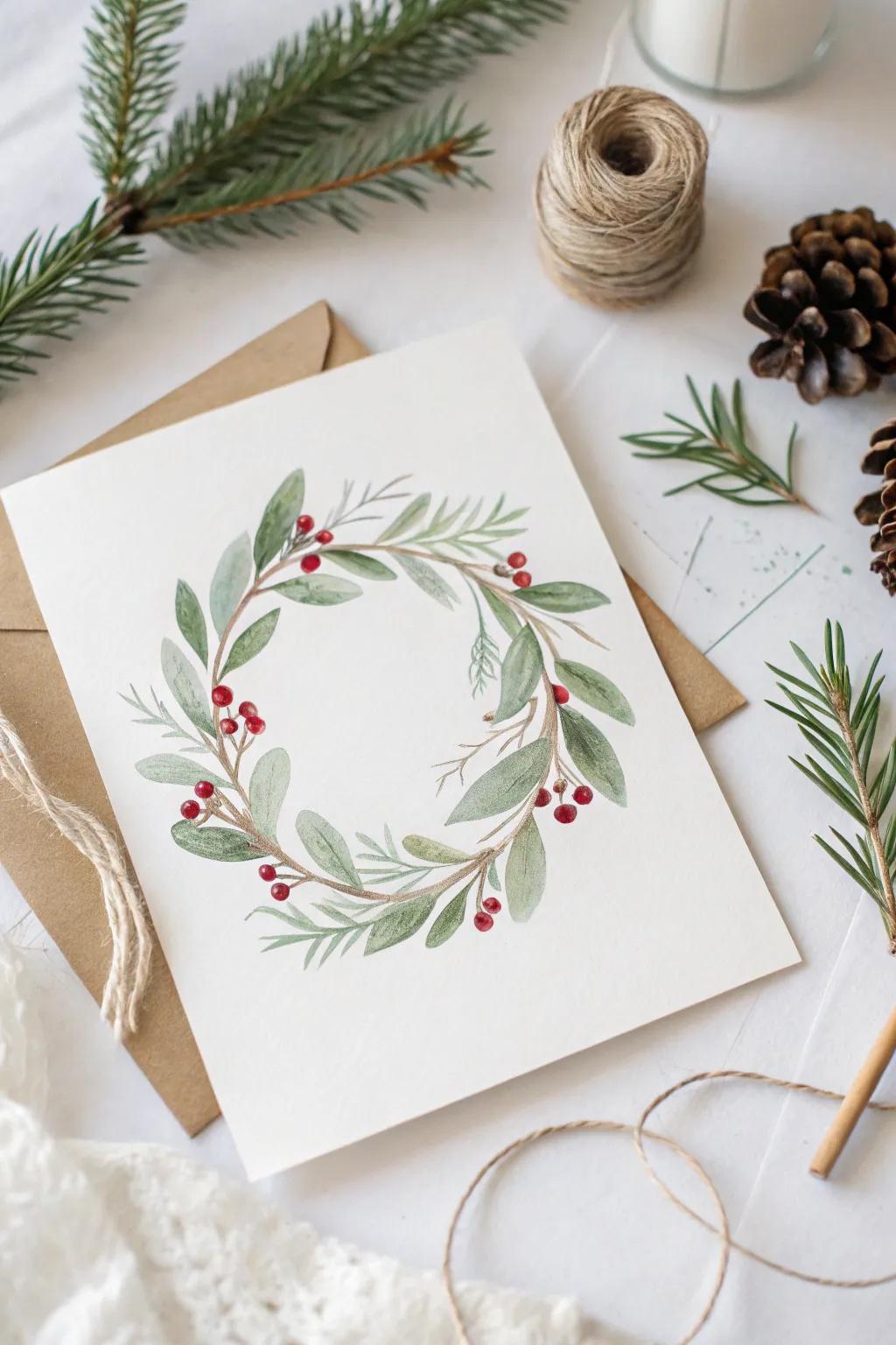 Embrace the elegance of simplicity with this handcrafted watercolor Christmas card.
