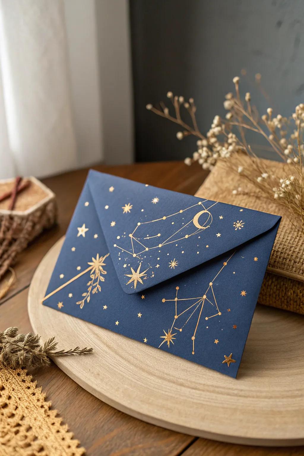 Embrace the magic of a starry Christmas night with this celestial envelope art.