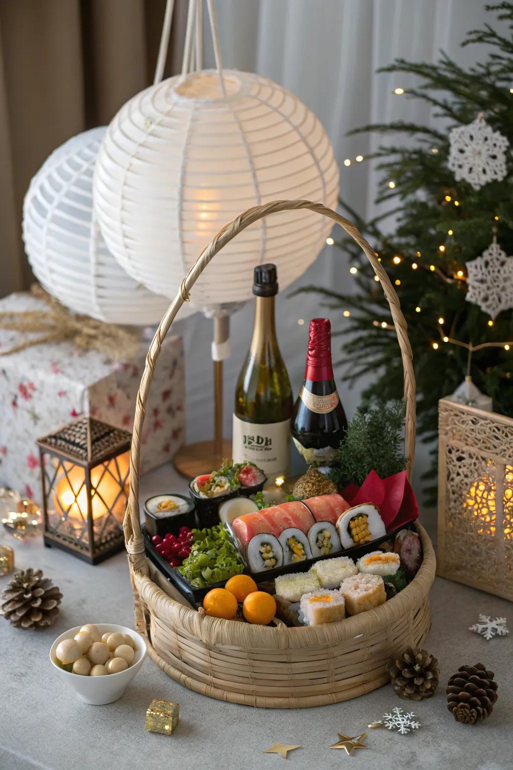 A sake basket that offers a unique holiday twist.