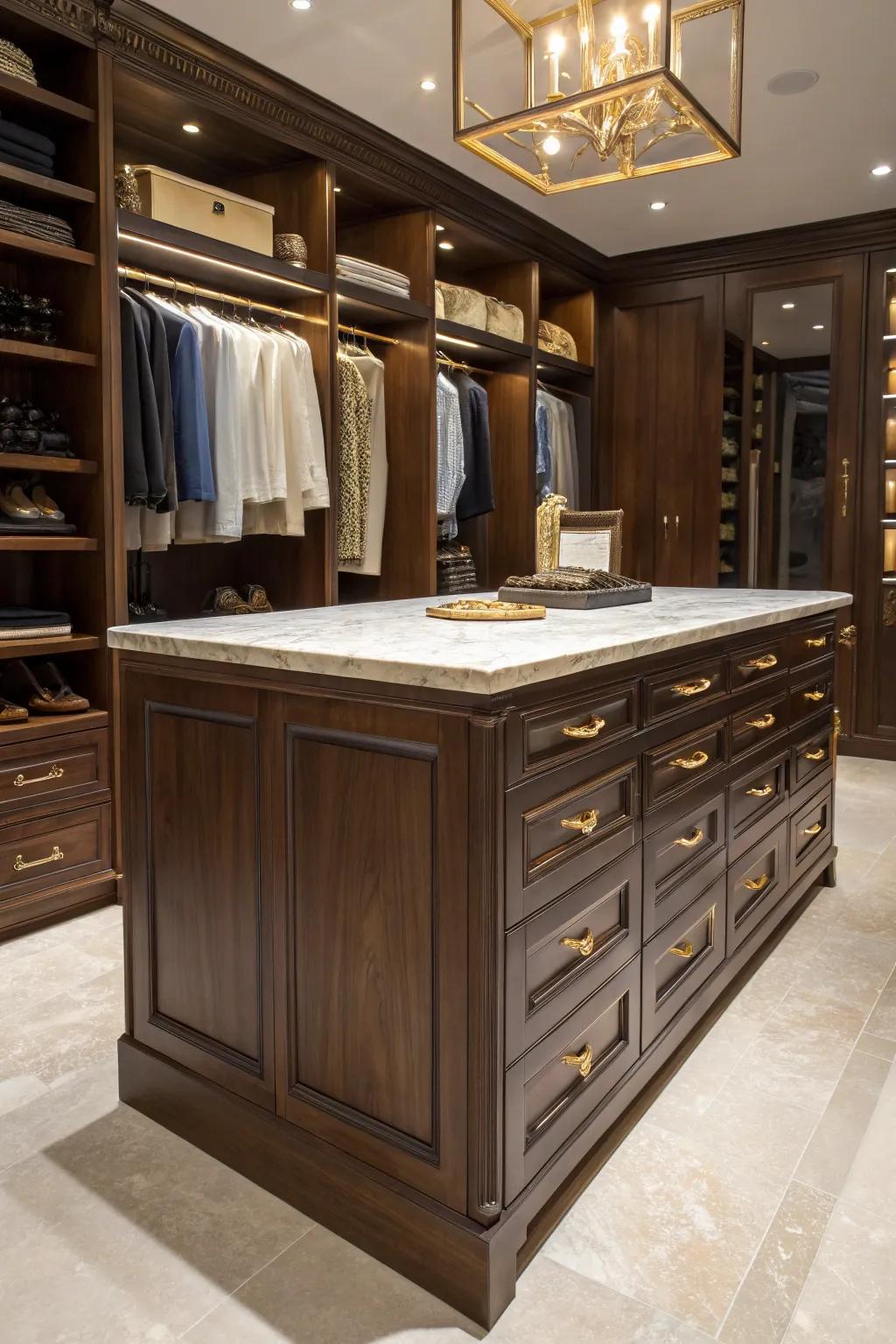 Elevate your closet with a multi-functional island, where craftsmanship meets utility.