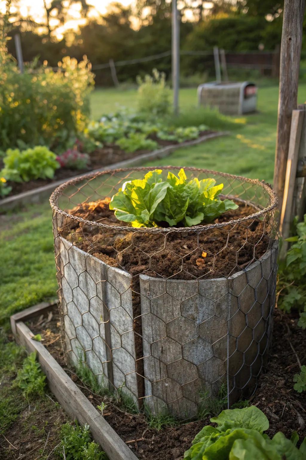Effortless elegance meets eco-friendly gardening with a chic chicken wire compost bin.