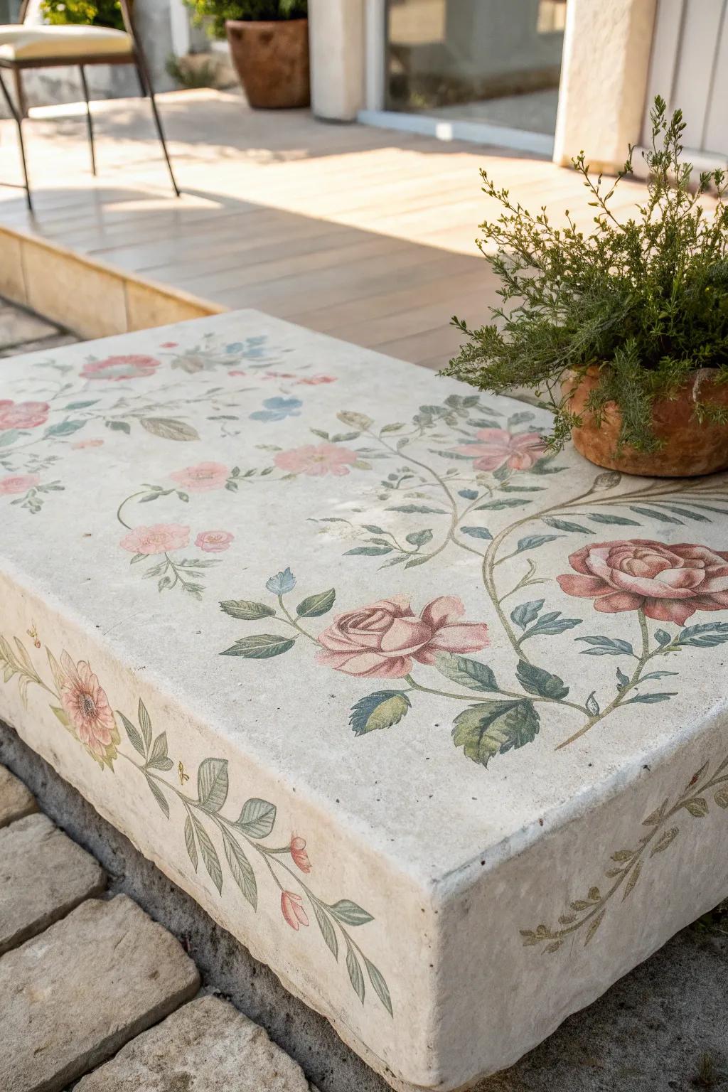 Step into nostalgia with vintage floral patterns on concrete—where timeless beauty meets minimalist charm.