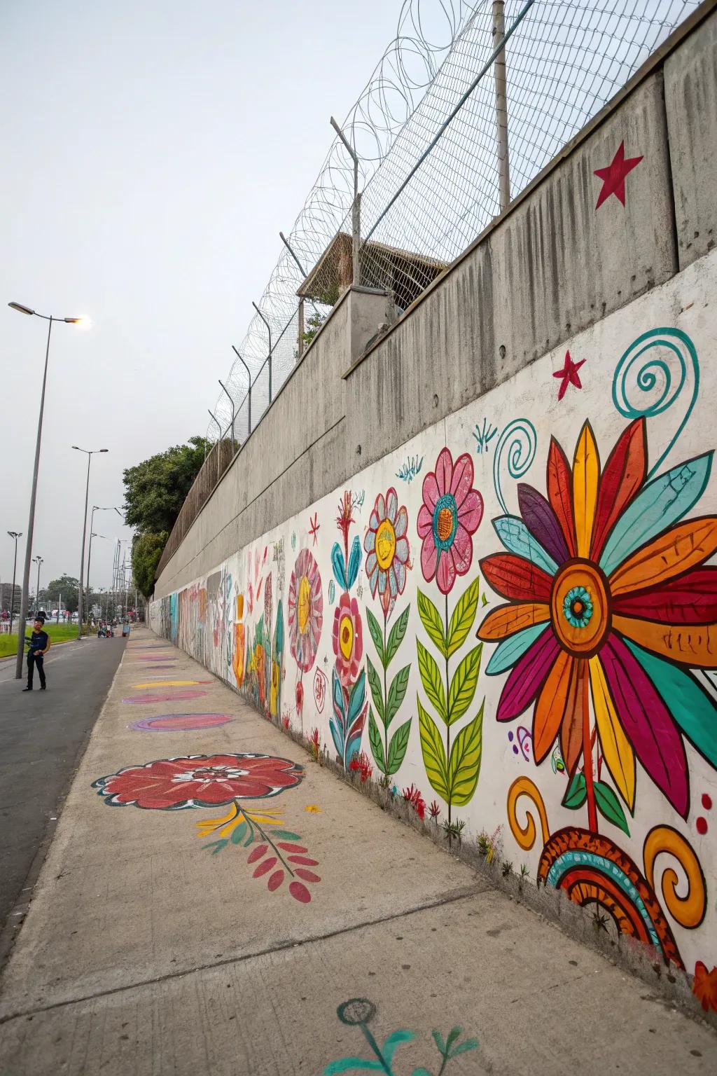 Painted patterns add a playful touch to concrete walls.
