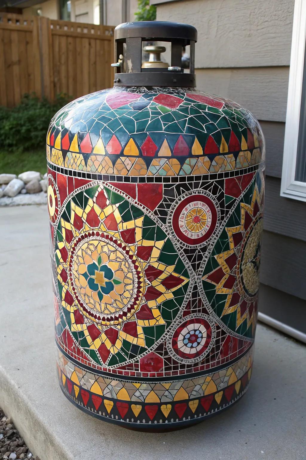 Transform your space with this stunning mosaic propane tank, where craftsmanship meets vibrant artistry.
