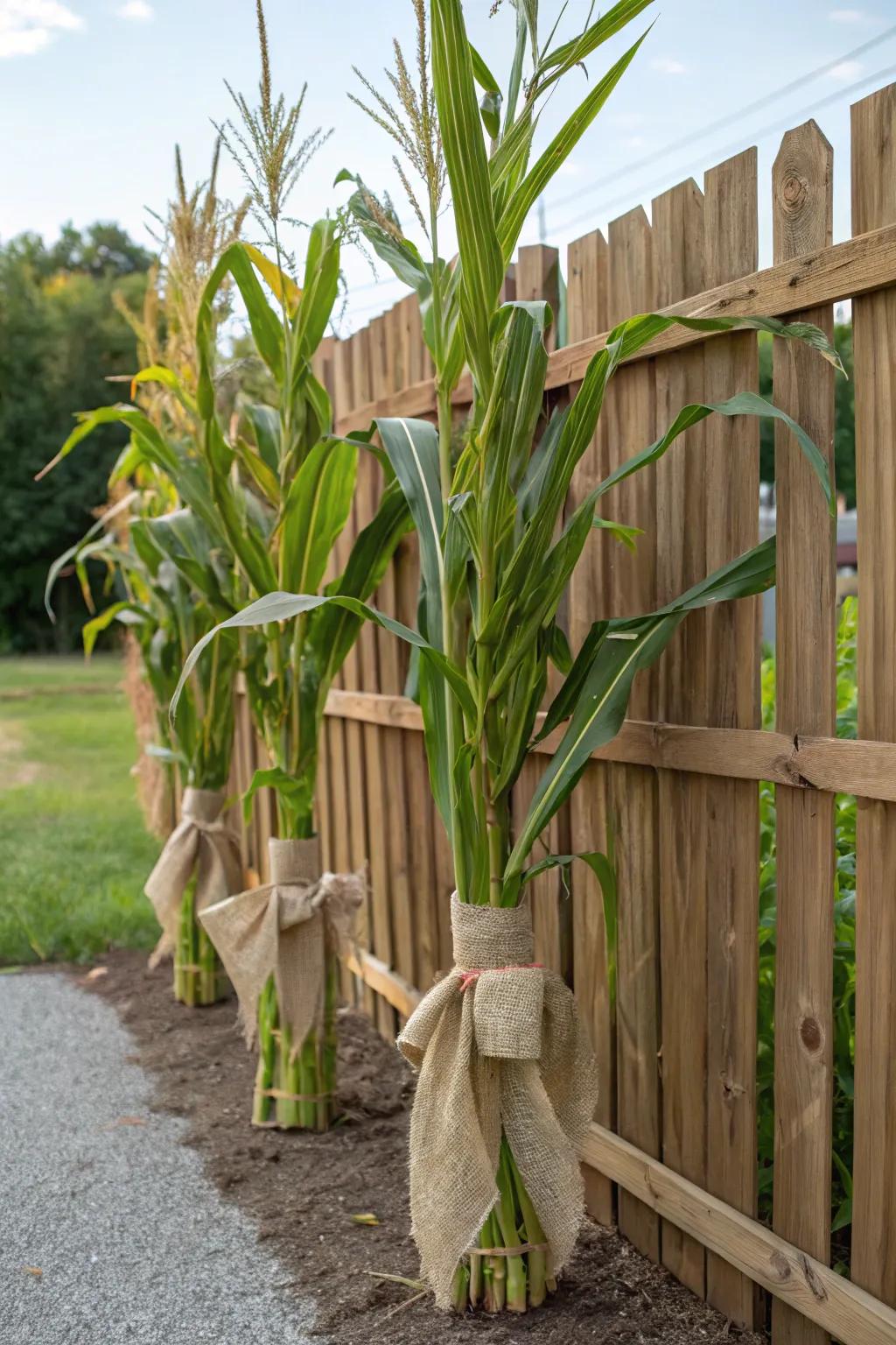 Achieve a chic, rustic look with corn stalks tied in burlap.